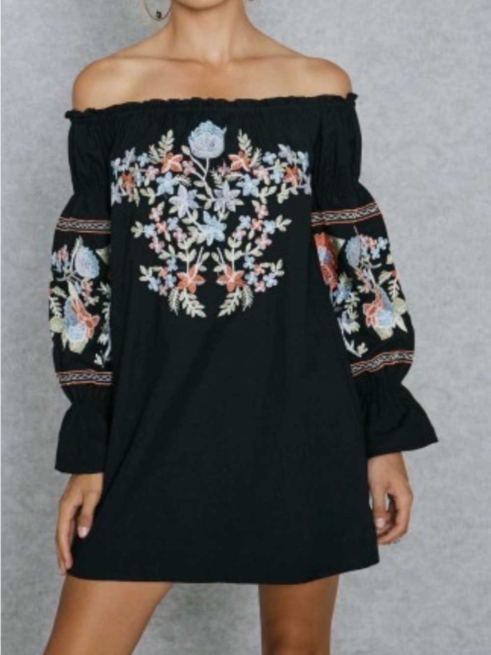 Free People Black One-Shoulder Embroidered Floral Dress